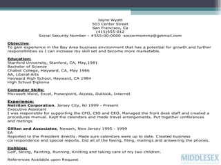 Jayne Wyatt
503 Center Street
San Francisco, Ca
(415)555-012
Social Security Number - #555-00-0000 soccermomma@getmail.com
Objective:
To gain experience in the Bay Area business environment that has a potential for growth and further
responsibilities so I can increase my skill set and become more marketable.
Education:
Stanford University, Stanford, CA, May,1981
Bachelor of Science
Chabot College, Hayward, CA, May 1986
AA, Liberal Arts
Hayward High School, Hayward, CA 1984
High School Diploma
Computer Skills:
Microsoft Word, Excel, Powerpoint, Access, Outlook, Internet
Experience:
Netriton Corporation, Jersey City, NJ 1999 - Present
Executive Assistant
I was responsible for supporting the CFO, CIO and CEO. Managed the front desk staff and created a
procedures manual. Kept the calendars and made travel arrangements. Put together conferences
and metings
Gillian and Associates, Newark, New Jersey 1995 - 1999
EA
Reported to the President directly. Made sure calendars were up to date. Created business
correspondence and special reports. Did all of the faxing, filing, mailings and answering the phones.
Hobbies:
Golf, Skiing, Painting, Running, Knitting and taking care of my two children.
References Available upon Request

 