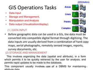 GIS Operations Tasks
(1.) DATA INPUT
• Before geographic data can be used in a GIS, the data must be
converted into compat...