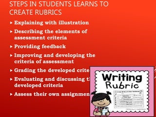 STEPS IN STUDENTS LEARNS TO
CREATE RUBRICS
 Explaining with illustration
 Describing the elements of
assessment criteria
 Providing feedback
 Improving and developing the
criteria of assessment
 Grading the developed criteria
 Evaluating and discussing the
developed criteria
 Assess their own assignments
 
