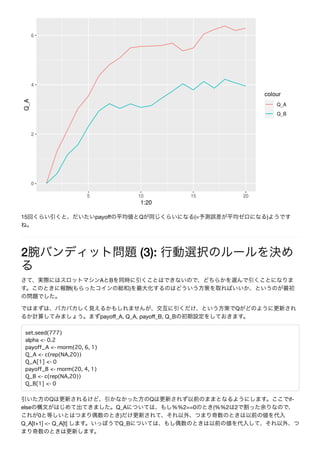 15 payoﬀ Q (= )
2 (3):
A B
( )
Q
payoﬀ_A, Q_A, payoﬀ_B, Q_B
set.seed(777)
alpha <- 0.2
payoff_A <- rnorm(20, 6, 1)
Q_A <- c(rep(NA,20))
Q_A[1] <- 0
payoff_B <- rnorm(20, 4, 1)
Q_B <- c(rep(NA,20))
Q_B[1] <- 0
Q Q if-
else Q_A %%2==0 (%%2 2
0 )
Q_A[t+1] <- Q_A[t] Q_B
 