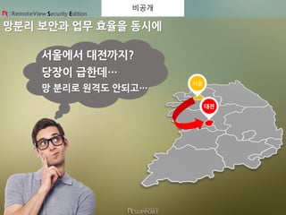 망분리 보안과 업무 효율을 동시에
Security Edition
서울
대전
서울에서 대전까지?
당장이 급한데…
망 분리로 원격도 안되고…
비공개
 