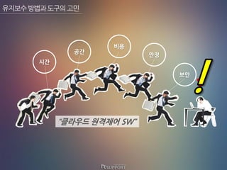 유지보수방법과도구의고민
시간
공간
비용
안정
보안
“클라우드 원격제어 SW”
?
 