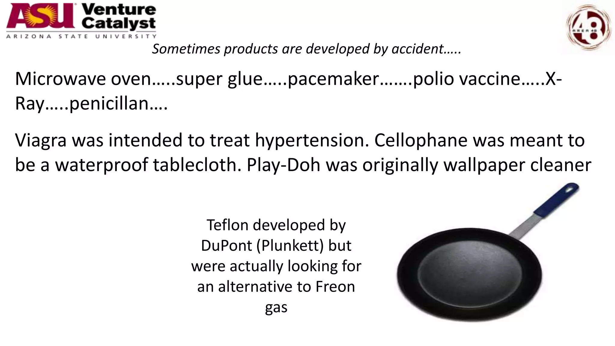Sometimes products are developed by accident…..
Teflon developed by
DuPont (Plunkett) but
were actually looking for
an alternative to Freon
gas
Microwave oven…..super glue…..pacemaker…….polio vaccine…..X-
Ray…..penicillan….
Viagra was intended to treat hypertension. Cellophane was meant to
be a waterproof tablecloth. Play-Doh was originally wallpaper cleaner
 