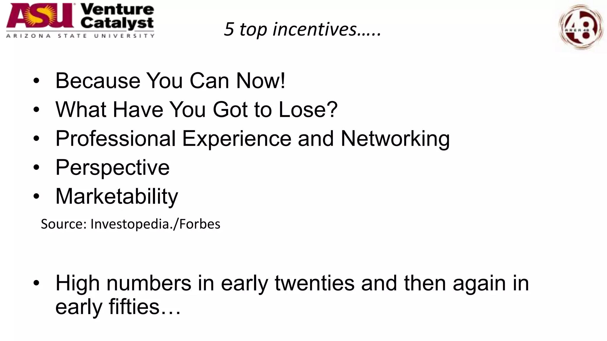 5 top incentives…..
• Because You Can Now!
• What Have You Got to Lose?
• Professional Experience and Networking
• Perspective
• Marketability
• High numbers in early twenties and then again in
early fifties…
Source: Investopedia./Forbes
 