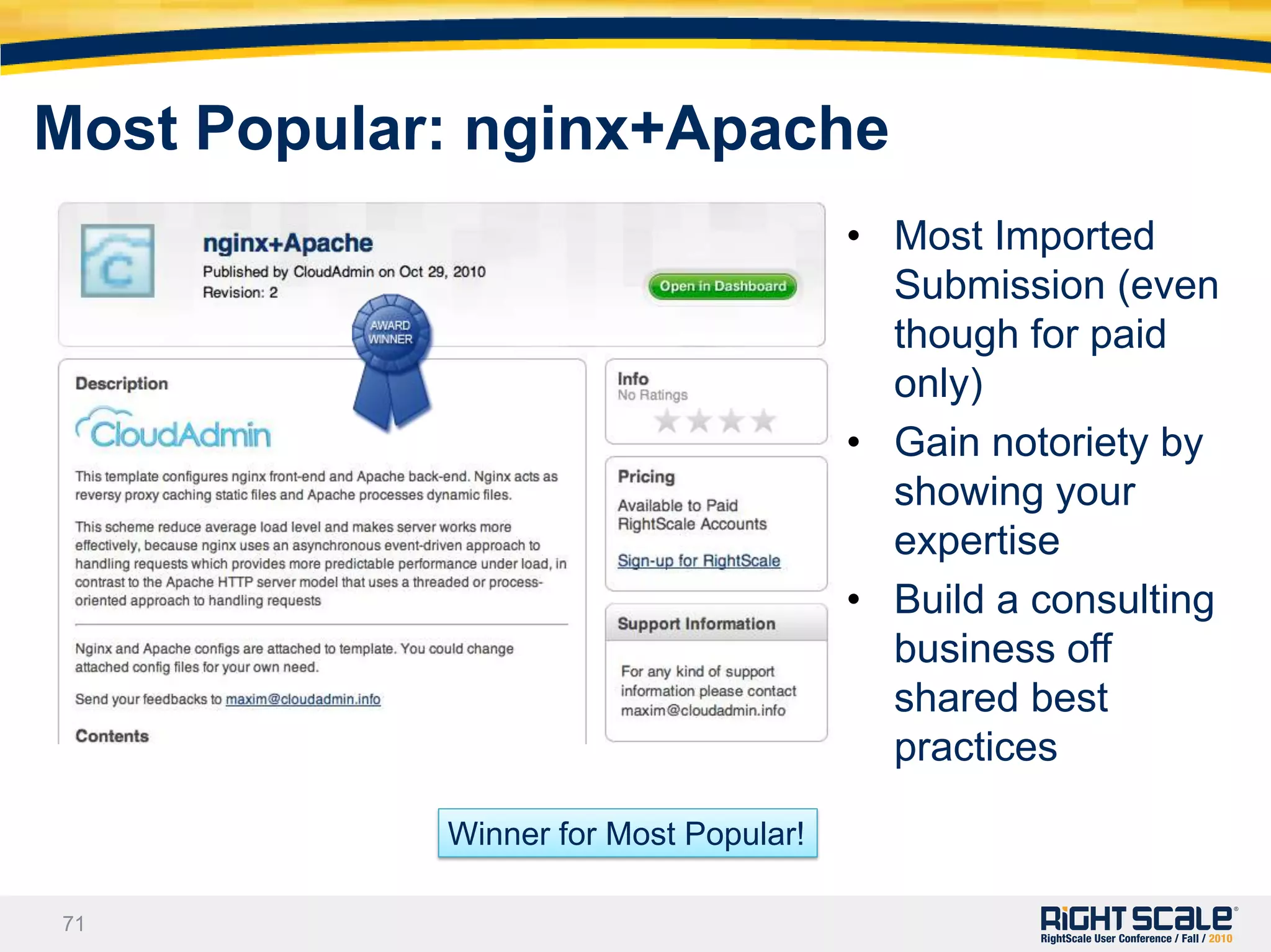 Cluster monitoringIndividual graphsGood for a dozen serversDisplays all standard graphs with full detailStacked graphsDisplays the contribution of many servers to a totalGreat to see the sum and variability of activity in a clusterDifficult to make out individual serversExamples: requests/sec, cpu busy cycles, I/O bytes/secHeat mapsDisplays a bar for each serverGreat to see uneven distribution across serversGreat to quickly spot performance problems across many serversDifficult to read absolute values or see the total cluster activity