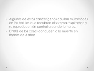 • Algunos de estos cancerígenos causan mutaciones
en las células que recubren el sistema respiratorio y
se reproducen sin control creando tumores.
• El 90% de los casos conducen a la muerte en
menos de 3 años