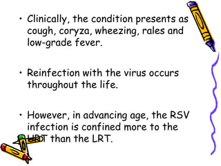 • Clinically, the condition presents as
cough, coryza, wheezing, rales and
low-grade fever.
• Reinfection with the virus occurs
throughout the life.
• However, in advancing age, the RSV
infection is confined more to the
URT than the LRT.
 