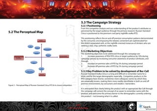 © 2011 Spark Advertising
5.2 The Perceptual Map
5.3 The Campaign Strategy
5.3.1 Positioning
From the competitor analysis and our understanding of the product’s attributes as
perceived by the target audience through the primary research, Russian Standard
Citrus is positioned as the premium cool party nightlife vodka RTD.
This positioning reflects the on and off premise consumption patterns demonstrated
by the consumer, encompassing the relaxed, convenient yet sophisticated fun
the drink is associated with, at the nightlife oriented instances of drinkers who are
seeking a real, crisp, authentic vodka taste.
5.3.2 Marketing Objectives
The marketing objectives to be addressed through this campaign are:
1. Increase awareness of RSV RTD citrus in target audience by 10% during
campaign period, by increasing consumer awareness of product attributes, and
through
2. Increase on-premise sales of RTD by 5% during campaign period
3. Increase off-premise sales of RTD by 5% during campaign period.
5.3.3 Key Problem to be solved by development of Bar-Call
Russian Standard Vodka Citrus is a long and difficult to remember name for a
drink, and for the target demographic especially. Competitor products in the
RTD category have shorter, sometimes more colloquial, names by which they
are universally known, making them more readily identifiable in both on and off
premise environments, by consumers and retailers / bartenders.
It is anticipated that clearly linking the product with an appropriate Bar-Call through
the campaign will cement the concept of an easier to remember name with the
product, and overcome the primary barrier to the demographic currently ordering
the product – not knowing what it is called.
Figure 5 – Perceptual Map of Russian Standard Citrus RTD & its closest competitors
21/57
 