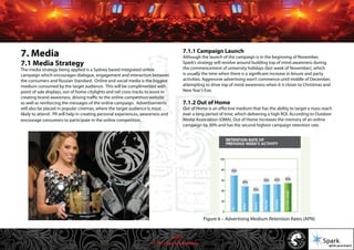 © 2011 Spark Advertising
7. Media
7.1 Media Strategy
The media strategy being applied is a Sydney based integrated online
campaign which encourages dialogue, engagement and interaction between
the consumers and Russian Standard. Online and social media is the biggest
medium consumed by the target audience. This will be complimented with
point of sale displays, out of home citylights and rail cross tracks to assist in
creating brand awareness, driving traffic to the online competition website
as well as reinforcing the messages of the online campaign. Advertisements
will also be placed in popular cinemas, where the target audience is most
likely to attend. PR will help in creating personal experiences, awareness and
encourage consumers to participate in the online competition.
7.1.1 Campaign Launch
Although the launch of the campaign is in the beginning of November,
Spark’s strategy will revolve around building top of mind awareness during
the commencement of university holidays (last week of November), which
is usually the time when there is a significant increase in leisure and party
activities. Aggressive advertising won’t commence until middle of December,
attempting to drive top of mind awareness when it is closer to Christmas and
New Year’s Eve.
7.1.2 Out of Home
Out of Home is an effective medium that has the ability to target a mass reach
over a long period of time, which delivering a high ROI. According to Outdoor
Media Association (OMA), Out of Home increases the memory of an online
campaign by 30% and has the second highest campaign retention rate.
Figure 6 – Advertising Medium Retention Rates (APN)
32/57
 