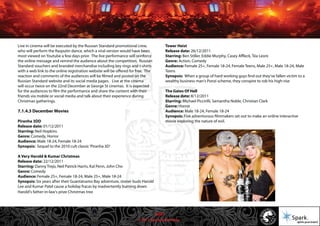 © 2011 Spark Advertising
Live in cinema will be executed by the Russian Standard promotional crew,
who will perform the Rasputin dance, which a viral version would have been
most viewed on Youtube a few days prior. The live performance will reinforce
the online message and remind the audience about the competition. Russian
Standard vouchers and branded merchandise including key rings and t-shirts
with a web link to the online registration website will be offered for free. The
reaction and comments of the audiences will be filmed and posted on the
Russian Standard website and its social media pages. Live at the cinema
will occur twice on the 22nd December at George St cinemas. It is expected
for the audiences to film the performance and share the content with their
friends via mobile or social media and talk about their experience during
Christmas gatherings.
7.1.4.3 December Movies
Piranha 3DD
Release date: 01/12/2011
Starring: Neil Hopkins
Genre: Comedy, Horror
Audience: Male 18-24, Female 18-24
Synopsis: Sequel to the 2010 cult classic‘Piranha 3D’
A Very Harold & Kumar Christmas
Release date: 22/12/2011
Starring: Danny Trejo, Neil Patrick Harris, Kal Penn, John Cho
Genre: Comedy
Audience: Female 25+, Female 18-24, Male 25+, Male 18-24
Synopsis: Six years after their Guantanamo Bay adventure, stoner buds Harold
Lee and Kumar Patel cause a holiday fracas by inadvertently burning down
Harold's father-in-law's prize Christmas tree
Tower Heist
Release date: 26/12/2011
Starring: Ben Stiller, Eddie Murphy, Casey Affleck, Téa Leoni
Genre: Action, Comedy
Audience: Female 25+, Female 18-24, Female Teens, Male 25+, Male 18-24, Male
Teens
Synopsis: When a group of hard working guys find out they've fallen victim to a
wealthy business man's Ponzi scheme, they conspire to rob his high-rise
The Gates Of Hell
Release date: 8/12/2011
Starring: Michael Piccirilli, Samantha Noble, Christian Clark
Genre: Horror
Audience: Male 18-24, Female 18-24
Synopsis: Five adventurous filmmakers set out to make an online interactive
movie exploring the nature of evil.
38/57
 