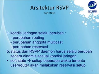 Arsitektur RSVP soft state kondisi jaringan selalu berubah : - perubahan routing - perubahan anggota multicast - perubahan reservasi status dari RSVP daemon harus selalu berubah secara dinamis sesuai kondisi jaringan soft state    setiap beberapa waktu tertentu user/router akan melakukan reservasi setup 