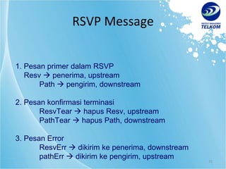 RSVP Message 1.  Pesan primer dalam RSVP Resv    penerima, upstream Path    pengirim, downstream 2.  Pesan konfirmasi terminasi ResvTear    hapus Resv, upstream PathTear    hapus Path, downstream 3.  Pesan Error ResvErr    dikirim ke penerima, downstream pathErr    dikirim ke pengirim, upstream 