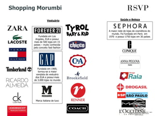 Shopping Morumbi
Saúde e BelezaVestuário
Fundada em Los
Angeles, EUA e possui
mais de 500 lojas em 15
paises – muito conhecida
pelo conceito fast fashion
Fundada em 1969,
tornou-se a maior
varejista de vestuário
dos EUA e possui mais
de 3.000 lojas no mundo
Marca italiana de luxo
A maior rede de lojas de cosméticos do
mundo. Foi fundada em Paris em
1970 e possui 1750 lojas em 30 países
 