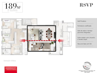 Ilustração Artística
Hall Privativo
Fechadura codificada
Sala de estar e terraço
gourmet integrados
Suite master com chuveiro
e lavabo duplo
Boca de Sala com 8m
a
 