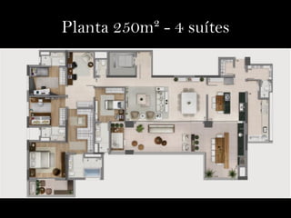 Ficha Técnica 
3 SUBSOLOS + TÉRREO + 27 PAVIMENTOS + ÁTICO 
Arquitetura: 
TORRE A 
100 un. – 250 m² 
• 04 suítes 
• 04 vagas 
• Depósito privativo 3 m² (SS) 
02 un. Garden - 346 m² 
• 04 suítes 
• 04 vagas 
• Depósito privativo 5 m² (SS) 
04 un. Cobertura Dplx-277 m² 
• 05 suítes 
• 04 vagas 
• Depósito privativo 5 m² (SS) 
106 unidades 
TORRE B 
100 un. – 189 m² 
• 03 suítes (4 dormitórios) 
• 03 vagas 
• Depósito privativo 3 m² (SS) 
04 un. Garden – 237 e 285 m2 
• 03 suítes (4 dormitórios) 
• 03 vagas 
• depósito privativo 5 m² (SS) 
04 un. Cobertura - 192 e 204 m² 
• 03 suítes (4 dormitórios) 
• 03 vagas 
• Depósito privativo 5 m² (SS) 
108 unidades 
TORRE C 
100 un. – 189 m² 
• 03 suítes (4 dormitórios) 
• 03 vagas 
• Depósito privativo 3 m² (SS) 
02 un. Garden – 285 m2 
• 03 suítes (4 dormitórios) 
• 03 vagas 
• depósito privativo 5 m² (SS) 
04 un. Cobertura - 192 e 204 m² 
• 03 suítes (4 dormitórios) 
• 03 vagas 
• Depósito privativo 5 m² (SS) 
106 unidades 
Paisagismo: Decoração: 
 
