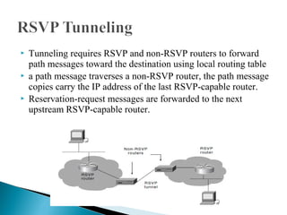  Tunneling requires RSVP and non-RSVP routers to forward
path messages toward the destination using local routing table
 a path message traverses a non-RSVP router, the path message
copies carry the IP address of the last RSVP-capable router.
 Reservation-request messages are forwarded to the next
upstream RSVP-capable router.
 