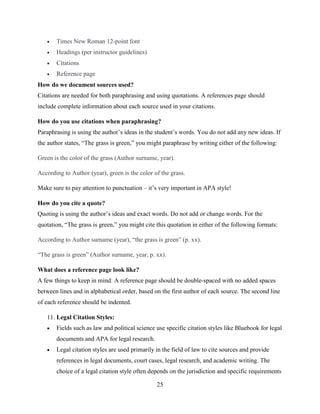 25
 Times New Roman 12-point font
 Headings (per instructor guidelines)
 Citations
 Reference page
How do we document sources used?
Citations are needed for both paraphrasing and using quotations. A references page should
include complete information about each source used in your citations.
How do you use citations when paraphrasing?
Paraphrasing is using the author’s ideas in the student’s words. You do not add any new ideas. If
the author states, “The grass is green,” you might paraphrase by writing either of the following:
Green is the color of the grass (Author surname, year).
According to Author (year), green is the color of the grass.
Make sure to pay attention to punctuation – it’s very important in APA style!
How do you cite a quote?
Quoting is using the author’s ideas and exact words. Do not add or change words. For the
quotation, “The grass is green,” you might cite this quotation in either of the following formats:
According to Author surname (year), “the grass is green” (p. xx).
“The grass is green” (Author surname, year, p. xx).
What does a reference page look like?
A few things to keep in mind: A reference page should be double-spaced with no added spaces
between lines and in alphabetical order, based on the first author of each source. The second line
of each reference should be indented.
11. Legal Citation Styles:
 Fields such as law and political science use specific citation styles like Bluebook for legal
documents and APA for legal research.
 Legal citation styles are used primarily in the field of law to cite sources and provide
references in legal documents, court cases, legal research, and academic writing. The
choice of a legal citation style often depends on the jurisdiction and specific requirements
 