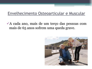Envelhecimento Osteoarticular e Muscular
A cada ano, mais de um terço das pessoas com
mais de 65 anos sofrem uma queda grave.
 