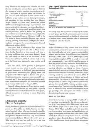 The American Journal of Occupational Therapy 643
many differences and changes across countries. For exam-
ple, they noted that the amount of time spent in children’s
play increases as societies transition from nonliterate to lit-
erate. Participation in organized sports has risen over the
past 2 decades, with time spent in other activities such as
hobbies or art and outdoor activities declining. In teenagers,
girls participate in fewer activities than boys (Huston,
Wright, Marquis, & Green, 1999). Posner and Vandell
(1999) found developmental changes in participation, with
unstructured activities decreasing over time and social activ-
ities increasing. On average, youth spend 20% of their time
watching television. Youth in America are spending less
time with their parents (Roth & Brooks-Gunn, 2000). The
National Longitudinal Study on Adolescent Health in the
U.S. found a direct relationship between high rates of
smoking, drinking, marijuana use, and ﬁghts and not eat-
ing dinner with a parent ﬁve or more times a week (Council
of Economic Advisors, 2000).
For adults, there is information about average time
spent in different occupations (see Table 1). Adults increas-
ingly describe themselves as time stressed; work time is
increasing, and leisure time is decreasing. Evidence shows
that these trends are similar, if not accelerated, in the
United States (Robinson, 2002). A national study of time
use in the United States is planned to occur over the next 2
years.
For older adults, overall patterns of participation
remain similar, but time spent in speciﬁc occupations
decreases. For example, in the United States, participation
in sports events, amusement parks, playing sports, and
computers and hobbies begins to decrease after age 55.
Participation in exercise programs remains remarkably con-
stant until age 75, along with participation in charity work,
home improvement and repairs, and attendance at movies
(U.S. National Endowment for the Arts, 1997).
Research indicates that across all ages, a strong associa-
tion exists between interests and participation. A greater
number of interests usually lead to increased participation,
although this pattern is nonlinear in nature (Garton &
Pratt, 1991).
Life Span and Disability:
Effect on Participation
During their lifetime, people are exposed to different occu-
pations and develop likes and dislikes. Customs and expec-
tations from their culture inﬂuence what they learn and do
every day. Each person has unique interests and occupations
through which they ﬁnd satisfaction. They live in different
environments and take on different roles as they grow up.
What they do every day, how well they do it, and how
much they enjoy the occupations of everyday life depend
on their place, age, family, communities, environmental
supports, and other issues such as disability. It is important
to examine what is known about the effect of disability on
participation across the life span.
Children
Studies of children’s activity patterns show that children
with disabilities participate in fewer active recreation activi-
ties; household tasks; and social engagements, particularly
informal social activities, than children without disabilities
(Brown & Gordon, 1987; Law et al., 1999; Sloper, Turner,
Knussen, & Cunningham, 1990). In a study of youth with
and without disability, Henry (1998) found that interests of
these two groups had many similarities; the top four inter-
ests were listening to music, hanging out with friends,
watching television, and talking on phone. However,
research also indicates that participation changes as children
with disabilities move into adolescence, with fewer activities
occurring outside the home (Brown & Gordon, 1987). A
current study of the participation of children and youth
with disabilities 6 to 15 years of age found that these chil-
dren participate in a broad range of formal and informal
activities (Law et al., 2000). Informal activities are per-
formed more often. There appear to be signiﬁcant differ-
ences in informal activity intensity and enjoyment across
age groupings, with participation in informal activities
decreasing signiﬁcantly as age increases.
Adults and Older Adults
Across North America, an average of 15% of adults 25 to
64 years of age report a disability that affects everyday activ-
ities (U.S. Census Bureau, 2001). This statistic rises to more
than 38% for people over 65 years of age (U.S. Census
Bureau, 2001). Adults and older adults with disabilities
experience restricted participation and social isolation and
engage in more passive activities (Blake, 1995; Dunn, 1990;
Idler & Kasl, 1997). In a study of time use of 312 men with
spinal cord injury, Pentland, Harvey, Smith, and Walker
(1999) found that most time is spent in leisure occupations,
Table 1. Time Use of Population: Canadian General Social Survey
(Statistics Canada, 1999)
Occupation Average Hours Per Day
Paid work and related activities 7.8
For working adults 11.2
Household work 3.2
Sleep 8.1
Meals and personal activities 2.4
Socializing 1.9
Watching television 2.2
Active leisure 1.0
Note. N = 10,749 persons 15 years of age and older.
Downloaded From: http://ajot.aota.org/ on 11/14/2016 Terms of Use: http://AOTA.org/terms
 