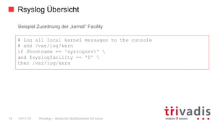 Rsyslog Übersicht
Rsyslog – deutsche Qulitästarbeit für Linux14 14/11/15
Beispiel Zuordnung der „kernel“ Facility
# Log all local kernel messages to the console
# and /var/log/kern
if $hostname == ‘syslogsrv1' 
and $syslogfacility == '0' 
then /var/log/kern
 
