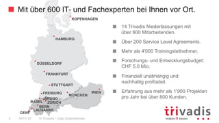 KOPENHAGEN
MÜNCHEN
LAUSANNE
BERN
ZÜRICH
BRUGG
GENF
HAMBURG
DÜSSELDORF
FRANKFURT
STUTTGART
FREIBURG
BASEL
WIEN
Mit über 600 IT- und Fachexperten bei Ihnen vor Ort.
© Trivadis – Das Unternehmen3 14/11/15
14 Trivadis Niederlassungen mit
über 600 Mitarbeitenden.
Über 200 Service Level Agreements.
Mehr als 4'000 Trainingsteilnehmer.
Forschungs- und Entwicklungsbudget:
CHF 5.0 Mio.
Finanziell unabhängig und
nachhaltig profitabel.
Erfahrung aus mehr als 1'900 Projekten
pro Jahr bei über 800 Kunden.
 