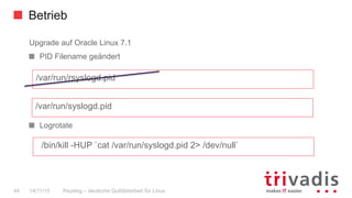 Betrieb
Rsyslog – deutsche Qulitästarbeit für Linux44 14/11/15
Upgrade auf Oracle Linux 7.1
  PID Filename geändert
Logrotate
/var/run/syslogd.pid
/var/run/rsyslogd.pid
/bin/kill -HUP `cat /var/run/syslogd.pid 2> /dev/null`
 