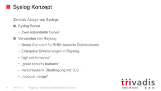 Syslog Konzept
Rsyslog – deutsche Qulitästarbeit für Linux6 14/11/15
Zentrale Ablage von Syslogs
Syslog Server
–  Zwei redundante Server
  Verwenden von Rsyslog
–  Neuer Standard für RHEL basierte Distributionen
–  Enterprise Erweiterungen in Rsyslog
•  high-performance“
•  „great security features“
•  Verschlüsselte Übertragung mit TLS
•  „modular design“
 