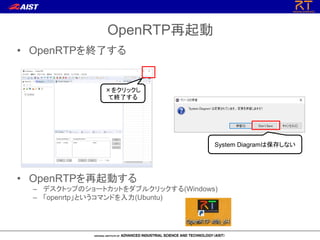 • OpenRTPを終了する
• OpenRTPを再起動する
– デスクトップのショートカットをダブルクリックする(Windows)
– 「openrtp」というコマンドを入力(Ubuntu)
OpenRTP再起動
×をクリックし
て終了する
System Diagramは保存しない
 