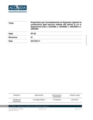 R EGOLAMENTI TECNICI RT-28 rev.01 Pag. 1 di 17
Data: 2012-09-11
Titolo Prescrizioni per l’accreditamento di Organismi operanti le
certificazioni delle persone addette alle attività di cui ai
Regolamenti (CE) n. 303/2008, n. 304/2008, n. 305/2008 e n.
306/2008
Sigla RT-28
Revisione 01
Data 2012-09-11
Redazione Approvazione Autorizzazione
all’emissione
Entrata in vigore
Il Direttore di
Dipartimento
Il Consiglio Direttivo Il Presidente 2012-09-21
 