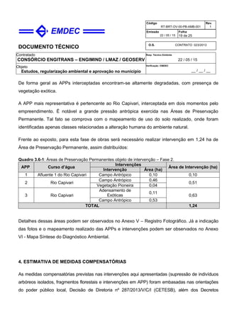 DOCUMENTO TÉCNICO
Contratado
CONSÓRCIO ENGITRANS – ENGIMIND / LMAZ / GEOSERV
Resp. Técnico Emitente
22 / 05 / 15
Objeto
Estudos, regularização ambiental e aprovação no município
Verificação / EMDEC
__ / __ / __
Código
RT-BRT-OV-00-PB-AMB-001
Rev.
1
Emissão
22 / 05 / 15
Folha
19 de 25
O.S. CONTRATO 023/2013
De forma geral as APPs interceptadas encontram-se altamente degradadas, com presença de
vegetação exótica.
A APP mais representativa é pertencente ao Rio Capivari, interceptada em dois momentos pelo
empreendimento. É notável a grande pressão antrópica exercida nas Áreas de Preservação
Permanente. Tal fato se comprova com o mapeamento de uso do solo realizado, onde foram
identificadas apenas classes relacionadas a alteração humana do ambiente natural.
Frente ao exposto, para esta fase de obras será necessário realizar intervenção em 1,24 ha de
Área de Preservação Permanente, assim distribuídos:
Quadro 3.6-1: Áreas de Preservação Permanentes objeto de intervenção – Fase 2.
APP Curso d’água
Intervenções
Área de Intervenção (ha)
Intervenção Área (ha)
1 Afluente 1 do Rio Capivari Campo Antrópico 0,10 0,10
2 Rio Capivari
Campo Antrópico 0,46
0,51
Vegetação Pioneira 0,04
3 Rio Capivari
Adensamento de
Exóticas
0,11
0,63
Campo Antrópico 0,53
TOTAL 1,24
Detalhes dessas áreas podem ser observados no Anexo V – Registro Fotográfico. Já a indicação
das fotos e o mapeamento realizado das APPs e intervenções podem ser observados no Anexo
VI - Mapa Síntese do Diagnóstico Ambiental.
4. ESTIMATIVA DE MEDIDAS COMPENSATÓRIAS
As medidas compensatórias previstas nas intervenções aqui apresentadas (supressão de indivíduos
arbóreos isolados, fragmentos florestais e intervenções em APP) foram embasadas nas orientações
do poder público local, Decisão de Diretoria nº 287/2013/V/C/I (CETESB), além dos Decretos
 
