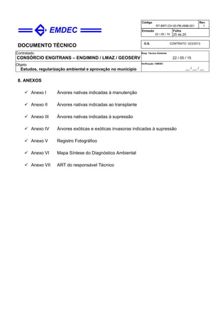 DOCUMENTO TÉCNICO
Contratado
CONSÓRCIO ENGITRANS – ENGIMIND / LMAZ / GEOSERV
Resp. Técnico Emitente
22 / 05 / 15
Objeto
Estudos, regularização ambiental e aprovação no município
Verificação / EMDEC
__ / __ / __
Código
RT-BRT-OV-00-PB-AMB-001
Rev.
1
Emissão
22 / 05 / 15
Folha
25 de 25
O.S. CONTRATO 023/2013
8. ANEXOS
 Anexo I Árvores nativas indicadas à manutenção
 Anexo II Árvores nativas indicadas ao transplante
 Anexo III Árvores nativas indicadas à supressão
 Anexo IV Árvores exóticas e exóticas invasoras indicadas à supressão
 Anexo V Registro Fotográfico
 Anexo VI Mapa Síntese do Diagnóstico Ambiental
 Anexo VII ART do responsável Técnico
 