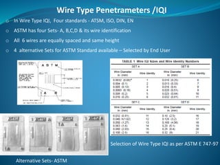 Wire Type Penetrameters /IQI
o In Wire Type IQI, Four standards - ATSM, ISO, DIN, EN
o ASTM has four Sets- A, B,C,D & its wire identification
o All 6 wires are equally spaced and same height
o 4 alternative Sets for ASTM Standard available – Selected by End User
Alternative Sets- ASTM
Selection of Wire Type IQI as per ASTM E 747-97
 