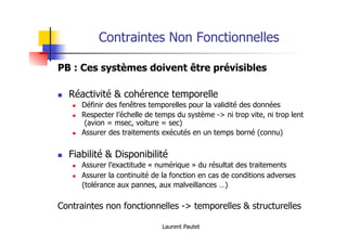 Laurent Pautet
Contraintes Non Fonctionnelles
PB : Ces systèmes doivent être prévisibles
! Réactivité & cohérence temporelle
! Définir des fenêtres temporelles pour la validité des données
! Respecter l’échelle de temps du système -> ni trop vite, ni trop lent
(avion = msec, voiture = sec)
! Assurer des traitements exécutés en un temps borné (connu)
! Fiabilité & Disponibilité
! Assurer l’exactitude « numérique » du résultat des traitements
! Assurer la continuité de la fonction en cas de conditions adverses
(tolérance aux pannes, aux malveillances …)
Contraintes non fonctionnelles -> temporelles & structurelles
 