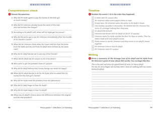 11
E X I T T E S T
Photocopiable © 2008 Black Cat Publishing
10
E X I T T E S T
Photocopiable © 2008 Black Cat Publishing
Timeline
Number the events 1-10 in the order they happened.
A week later Dr Lanyon dies.
Mr Utterson takes some papers home to read.
A year later, Mr Utterson takes the police to Mr Hyde’s house.
One Sunday, possibly in November, Mr Enfield tells Mr Utterson the
story of a strange-looking door they pass.
Dr Jekyll kills himself.
Utterson has dinner with Dr Jekyll on the 8th
of January.
Utterson waits for Hyde outside the door for days or weeks. Then he
meets Hyde and visits Jekyll’s house.
Poole comes to see Mr Utterson and they return to Dr Jekyll’s house
together.
Mr Utterson tries to visit Dr Jekyll.
Mr Utterson visits Dr Lanyon.
Writing
Write a summary of The Strange Case of Dr Jekyll and Mr Hyde from
Mr Utterson’s point of view (about 200 words). You can begin like this:
This is the sad, sad story of a good friend of mine, Dr Henry Jekyll.
For me, his story began one Sunday when I was out walking with my cousin,
Richard Enfield.
…………………………………………………………………………………………………………………
…………………………………………………………………………………………………………………
…………………………………………………………………………………………………………………
…………………………………………………………………………………………………………………
…………………………………………………………………………………………………………………
…………………………………………………………………………………………………………………
…………………………………………………………………………………………………………………
…………………………………………………………………………………………………………………
…………………………………………………………………………………………………………………
…………………………………………………………………………………………………………………
…………………………………………………………………………………………………………………
…………………………………………………………………………………………………………………
…………………………………………………………………………………………………………………
3
2
Comprehension check
Answer the questions.
1 Why did Mr Hyde agree to pay the family of the little girl
so much money?
............................................................................................................................
2 Why did Mr Utterson already know the name of the man
who had written the cheque?
............................................................................................................................
3 According to Dr Jekyll’s will, when will Mr Hyde get his money?
............................................................................................................................
4 Why did the police go to see Mr Utterson immediately after the murder
of Sir Danvers Carew?
............................................................................................................................
5 What did Mr Utterson think when Mr Guest told him that the letter
from Mr Hyde and the one from Dr Jekyll were written by the same
man?
............................................................................................................................
6 Why did Dr Jekyll decide not to see any of his friends?
...........................................................................................................................
7 What did Dr Jekyll ask Dr Lanyon to do in his letter?
............................................................................................................................
8 Who came to get the powders from Dr Lanyon?
............................................................................................................................
9 Why did Dr Jekyll believe that human beings can never be happy?
............................................................................................................................
10 What did Dr Jekyll decide to do for Mr Hyde after he asked him for
money for the little girl’s family?
............................................................................................................................
11 Why did Mr Hyde need the powders from the laboratory?
............................................................................................................................
12 Why did Dr Jekyll begin to fear Mr Hyde?
............................................................................................................................
13 Why did Mr Hyde begin to fear Dr Jekyll?
............................................................................................................................
14 What was Dr Jekyll’s theory about the difference between the original
and the new powders?
..........................................................................................................................
1
 