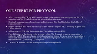 ONE STEP RT-PCR PROTOCOL
• Select a one-step RT-PCR kit, which should include a mix with reverse transcriptase and the PCR
system such as Taq DNA Polymerase and a proofreading polymerase.
• Obtain all necessary materials, equipment and instruments (kits should include a detailed list of
necessary items).
• Prepare a reaction mix, which will include dNTPs, primers, template RNA, necessary enzymes and
a buffer solution.
• Add the mix to a PCR tube for each reaction. Then add the template RNA.
• Place PCR tubes in the thermal cycler to begin cycling. The first cycle is reverse transcription to
synthesize cDNA. The second cycle is initial denaturation. During this cycle reverse transcriptase is
inactivated. The next 40 to 50 cycles are the amplification program, which consists of three steps:
(1) denaturation, (2) annealing, (3) elongation.
• The RT-PCR products can then be analyzed with gel electrophoresis.
 