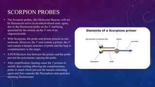 SCORPION PROBES
• The Scorpion probes, like Molecular Beacon, will not
be fluorescent active in an unhybridized state, again,
due to the fluorescent probe on the 5' end being
quenched by the moiety on the 3' end of an
oligonucleotide.
• With Scorpions, the probe and primer present as one
molecule. However, the 3' end contain a primer, the 5'
end contain a hairpin structure of probe and the loop is
complementary to the target.
• A PCR blockers lies between the primer and the probe
prevent the polymerase copying the probe.
• After amplification, heating cause the 3 primers to
unfold, then cooling allowing the complementary
probe to aneal which prevent the hairpin reforming
again and then separate the fluorophore and quencher
releasing fluorescence.
 