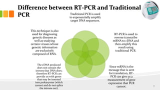 Difference between RT-PCR and Traditional
PCR Traditional PCR is used
to exponentially amplify
target DNA sequences.
RT-PCR is used to
reverse transcribe
mRNA to cDNA and
then amplify this
result using
traditional PCR.
Since mRNA is the
message that is sent
for translation, RT-
PCR can give us a
measurement of gene
expression that PCR
cannot.
The cDNA produced
does not contain the
introns that DNA does;
therefore RT-PCR can
provide us with genes
that may be inserted
into prokaryotes (which
cannot and do not splice
the introns out).
This technique is also
used for diagnosing
genetic diseases as
well as studying
certain viruses whose
genetic information
are exclusively
composed of RNA.
7
 