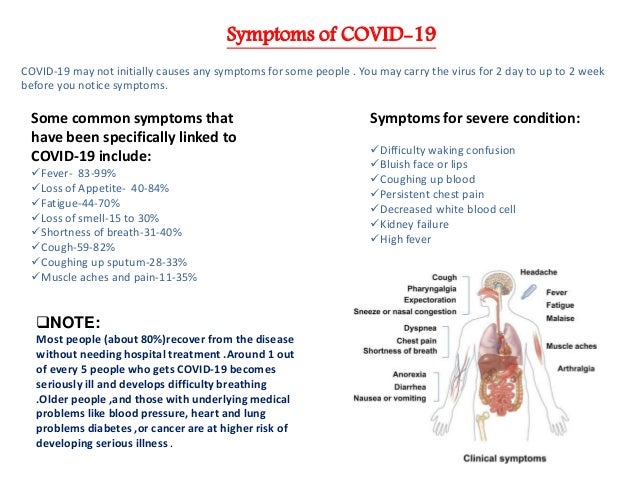 Symptoms of COVID-19
COVID-19 may not initially causes any symptoms for some people . You may carry the virus for 2 day to up to 2 week
before you notice symptoms.
Some common symptoms that
have been specifically linked to
COVID-19 include:
Fever- 83-99%
Loss of Appetite- 40-84%
Fatigue-44-70%
Loss of smell-15 to 30%
Shortness of breath-31-40%
Cough-59-82%
Coughing up sputum-28-33%
Muscle aches and pain-11-35%
Symptoms for severe condition:
Difficulty waking confusion
Bluish face or lips
Coughing up blood
Persistent chest pain
Decreased white blood cell
Kidney failure
High fever
NOTE:
Most people (about 80%)recover from the disease
without needing hospital treatment .Around 1 out
of every 5 people who gets COVID-19 becomes
seriously ill and develops difficulty breathing
.Older people ,and those with underlying medical
problems like blood pressure, heart and lung
problems diabetes ,or cancer are at higher risk of
developing serious illness .
 
