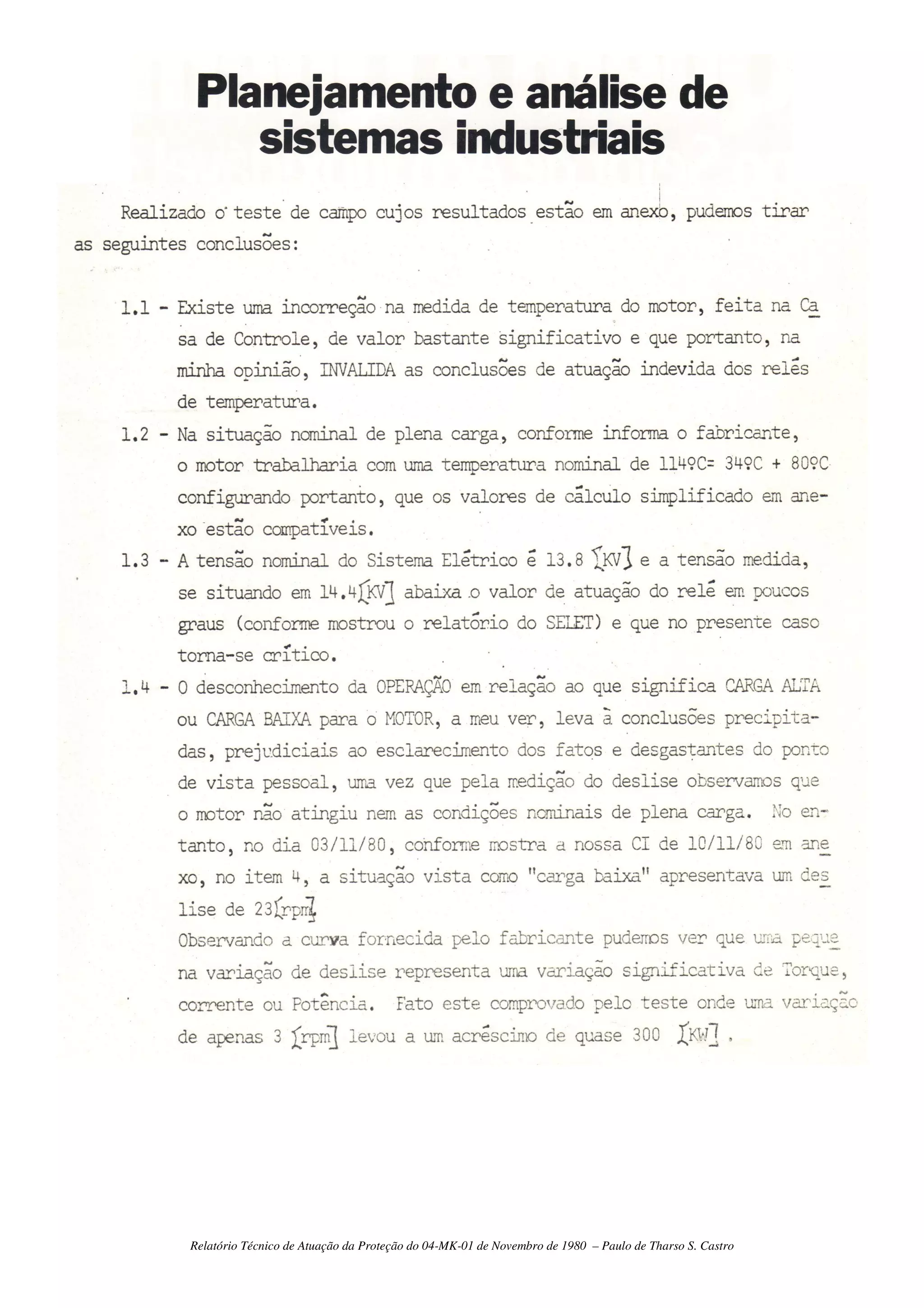 Relatório Técnico de Atuação da Proteção do 04-MK-01 de Novembro de 1980 – Paulo de Tharso S. Castro
 