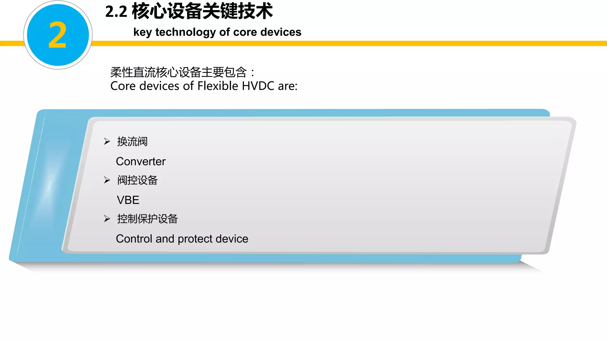 2.2 核心设备关键技术
key technology of core devices
柔性直流核心设备主要包含：
Core devices of Flexible HVDC are:
2
 换流阀
Converter
 阀控设备
VBE
 控制保护设备
Control and protect device
 