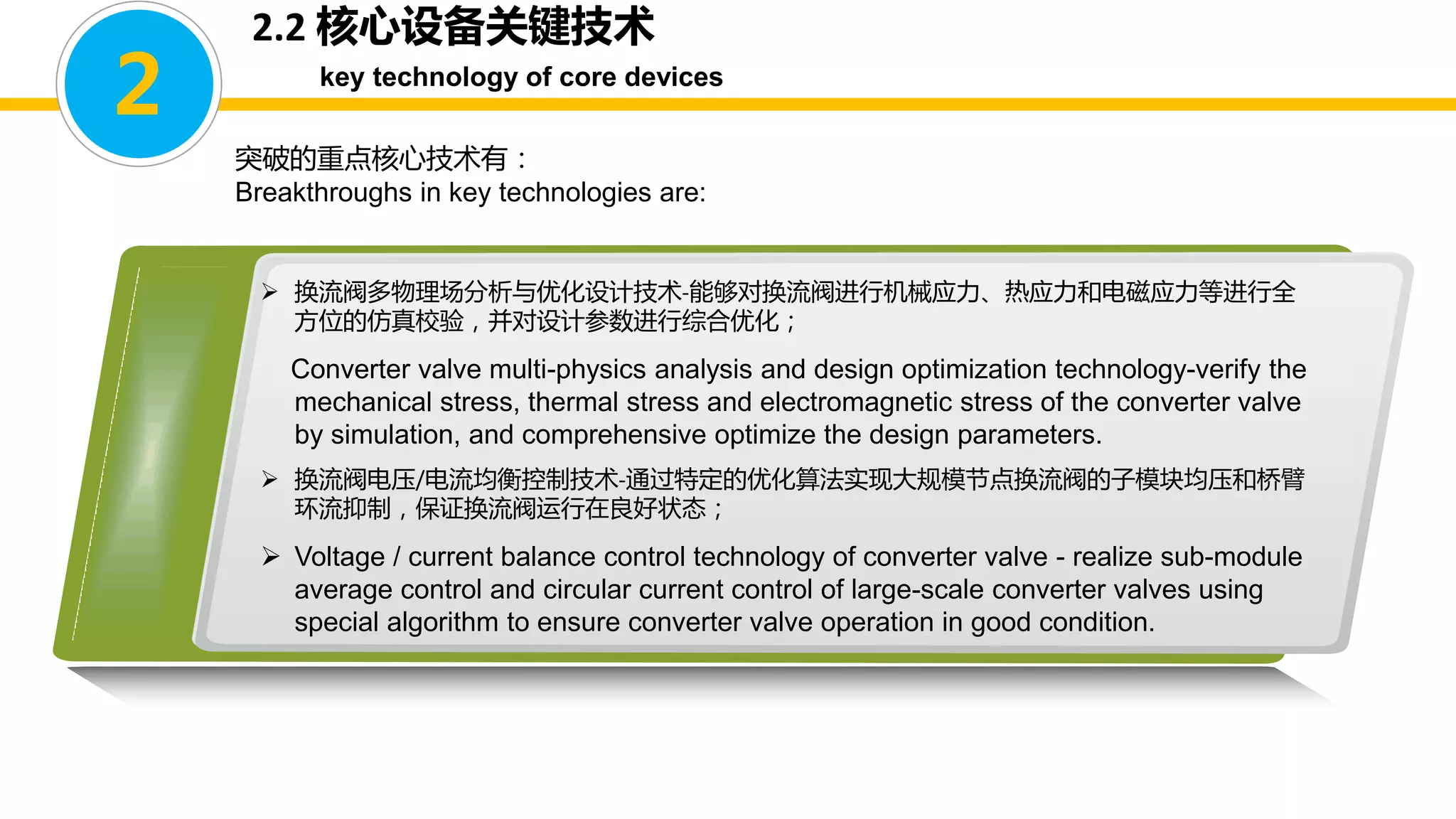 2.2 核心设备关键技术
key technology of core devices
2
 换流阀多物理场分析与优化设计技术-能够对换流阀进行机械应力、热应力和电磁应力等进行全
方位的仿真校验，并对设计参数进行综合优化；
Converter valve multi-physics analysis and design optimization technology-verify the
mechanical stress, thermal stress and electromagnetic stress of the converter valve
by simulation, and comprehensive optimize the design parameters.
 换流阀电压/电流均衡控制技术-通过特定的优化算法实现大规模节点换流阀的子模块均压和桥臂
环流抑制，保证换流阀运行在良好状态；
 Voltage / current balance control technology of converter valve - realize sub-module
average control and circular current control of large-scale converter valves using
special algorithm to ensure converter valve operation in good condition.
突破的重点核心技术有：
Breakthroughs in key technologies are:
 