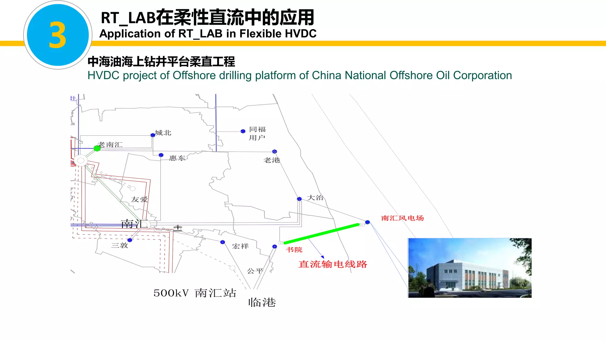 中海油海上钻井平台柔直工程
HVDC project of Offshore drilling platform of China National Offshore Oil Corporation
±
临港
直流输电线路
三敦
用户
同福
南汇风电场
老南汇
城北
惠东 老港
大治
南汇
书院
宏祥
友爱
公平
500kV 南汇站
3
RT_LAB在柔性直流中的应用
Application of RT_LAB in Flexible HVDC
 