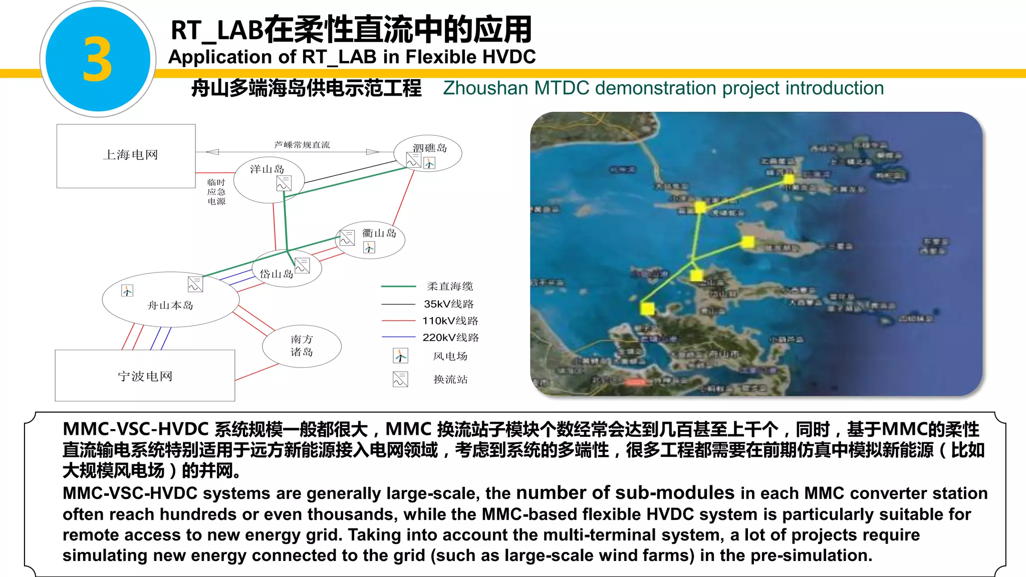 舟山本岛
岱山岛
衢山岛
泗礁岛
宁波电网
上海电网
芦嵊常规直流
110kV线路
220kV线路
风电场
南方
诸岛
35kV线路
换流站
洋山岛
柔直海缆
临时
应急
电源
舟山多端海岛供电示范工程 Zhoushan MTDC demonstration project introduction
MMC-VSC-HVDC 系统规模一般都很大，MMC 换流站子模块个数经常会达到几百甚至上千个，同时，基于MMC的柔性
直流输电系统特别适用于远方新能源接入电网领域，考虑到系统的多端性，很多工程都需要在前期仿真中模拟新能源（比如
大规模风电场）的并网。
MMC-VSC-HVDC systems are generally large-scale, the number of sub-modules in each MMC converter station
often reach hundreds or even thousands, while the MMC-based flexible HVDC system is particularly suitable for
remote access to new energy grid. Taking into account the multi-terminal system, a lot of projects require
simulating new energy connected to the grid (such as large-scale wind farms) in the pre-simulation.
3
RT_LAB在柔性直流中的应用
Application of RT_LAB in Flexible HVDC
 