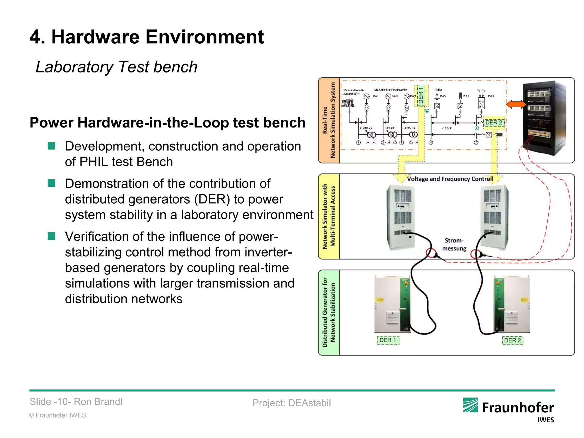 © Fraunhofer IWES
Slide -10- Ron Brandl Project: DEAstabil
4. Hardware Environment
Laboratory Test bench
Power Hardware-in-the-Loop test bench
 Development, construction and operation
of PHIL test Bench
 Demonstration of the contribution of
distributed generators (DER) to power
system stability in a laboratory environment
 Verification of the influence of power-
stabilizing control method from inverter-
based generators by coupling real-time
simulations with larger transmission and
distribution networks
 