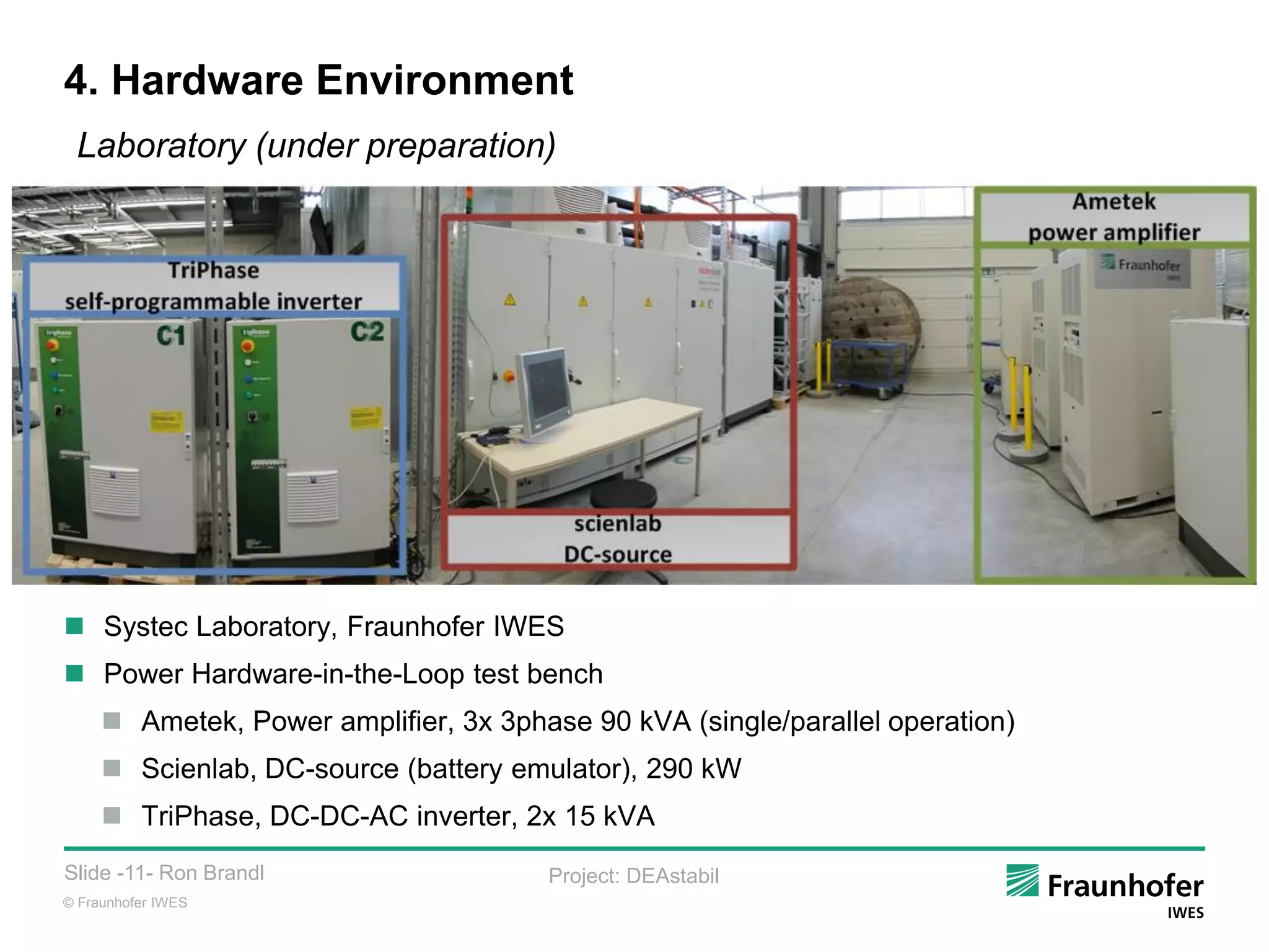 © Fraunhofer IWES
Slide -11- Ron Brandl Project: DEAstabil
4. Hardware Environment
Laboratory (under preparation)
 Systec Laboratory, Fraunhofer IWES
 Power Hardware-in-the-Loop test bench
 Ametek, Power amplifier, 3x 3phase 90 kVA (single/parallel operation)
 Scienlab, DC-source (battery emulator), 290 kW
 TriPhase, DC-DC-AC inverter, 2x 15 kVA
 