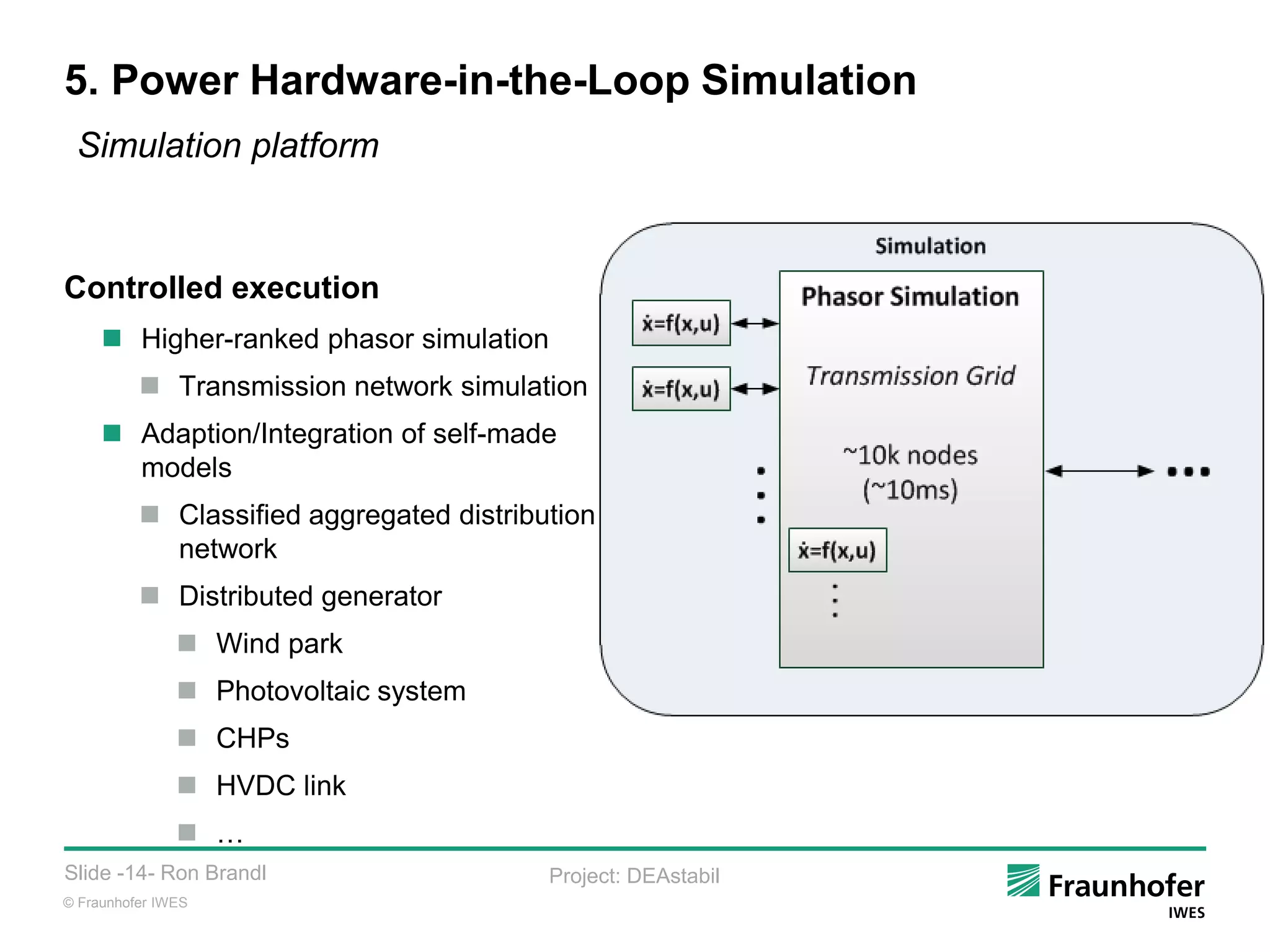 © Fraunhofer IWES
Slide -14- Ron Brandl Project: DEAstabil
5. Power Hardware-in-the-Loop Simulation
Simulation platform
Controlled execution
 Higher-ranked phasor simulation
 Transmission network simulation
 Adaption/Integration of self-made
models
 Classified aggregated distribution
network
 Distributed generator
 Wind park
 Photovoltaic system
 CHPs
 HVDC link
 …
 