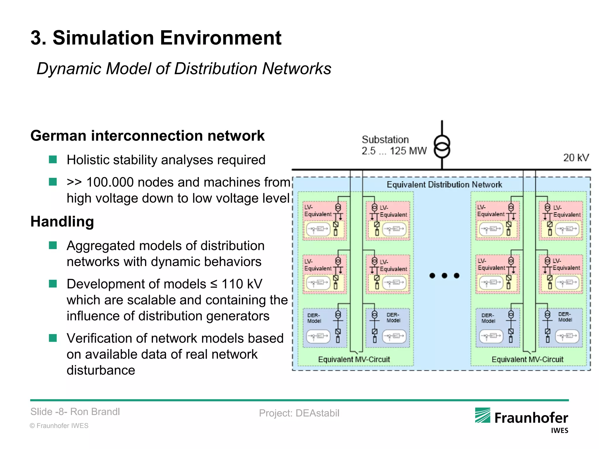 © Fraunhofer IWES
Slide -8- Ron Brandl Project: DEAstabil
3. Simulation Environment
German interconnection network
 Holistic stability analyses required
 >> 100.000 nodes and machines from
high voltage down to low voltage level
Handling
 Aggregated models of distribution
networks with dynamic behaviors
 Development of models ≤ 110 kV
which are scalable and containing the
influence of distribution generators
 Verification of network models based
on available data of real network
disturbance
Dynamic Model of Distribution Networks
 
