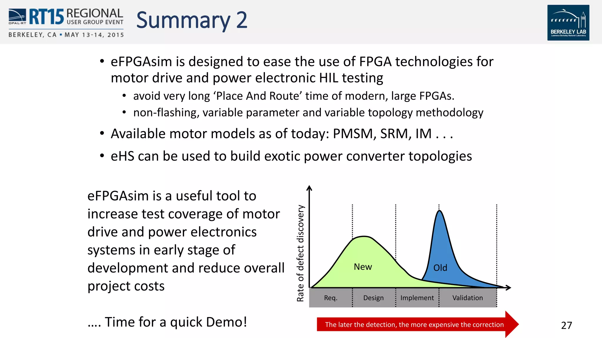 27
Summary 2
• eFPGAsim is designed to ease the use of FPGA technologies for
motor drive and power electronic HIL testing
• avoid very long ‘Place And Route’ time of modern, large FPGAs.
• non-flashing, variable parameter and variable topology methodology
• Available motor models as of today: PMSM, SRM, IM . . .
• eHS can be used to build exotic power converter topologies
eFPGAsim is a useful tool to
increase test coverage of motor
drive and power electronics
systems in early stage of
development and reduce overall
project costs
…. Time for a quick Demo!
Req. Design Implement ValidationRateofdefectdiscovery
OldNew
The later the detection, the more expensive the correction
 