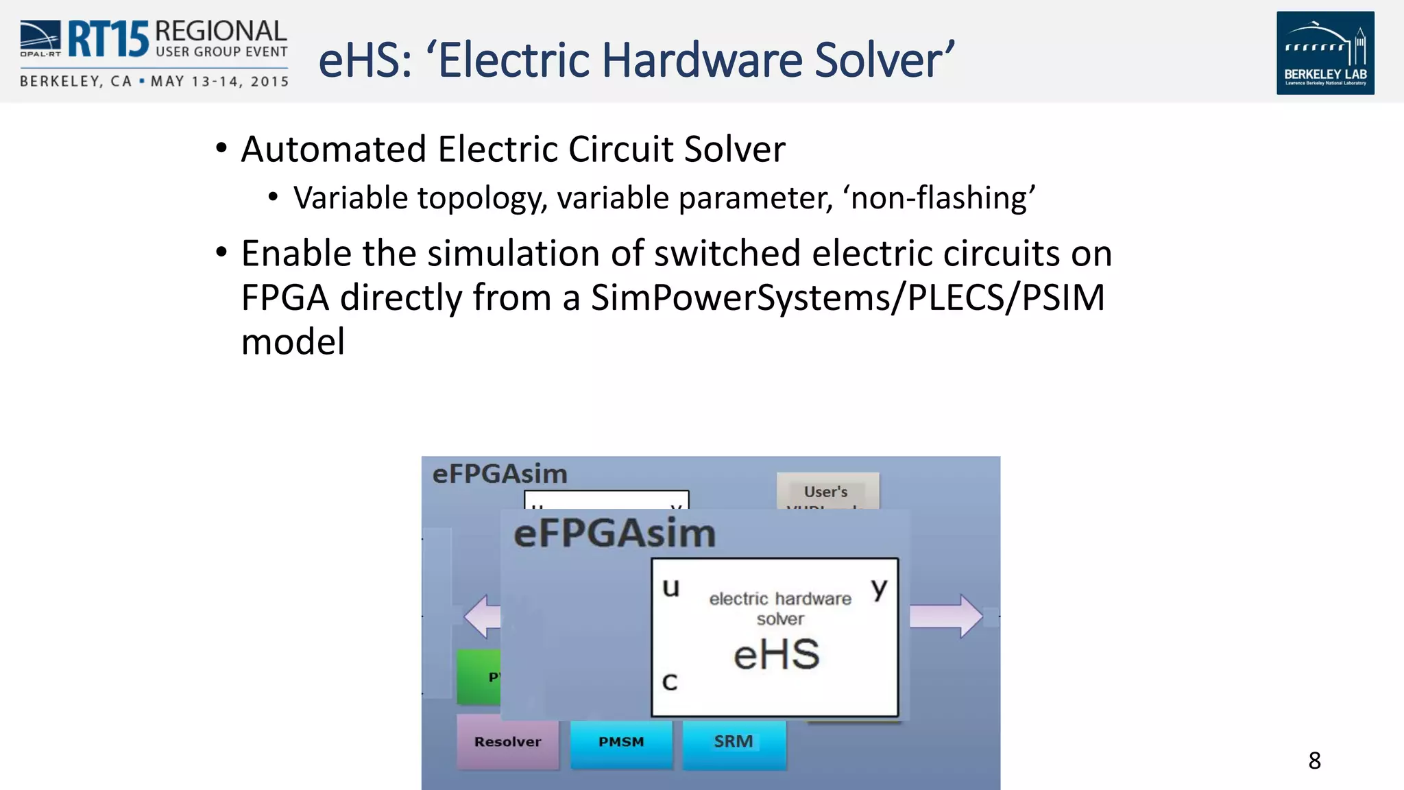 8
eHS: ‘Electric Hardware Solver’
• Automated Electric Circuit Solver
• Variable topology, variable parameter, ‘non-flashing’
• Enable the simulation of switched electric circuits on
FPGA directly from a SimPowerSystems/PLECS/PSIM
model
 