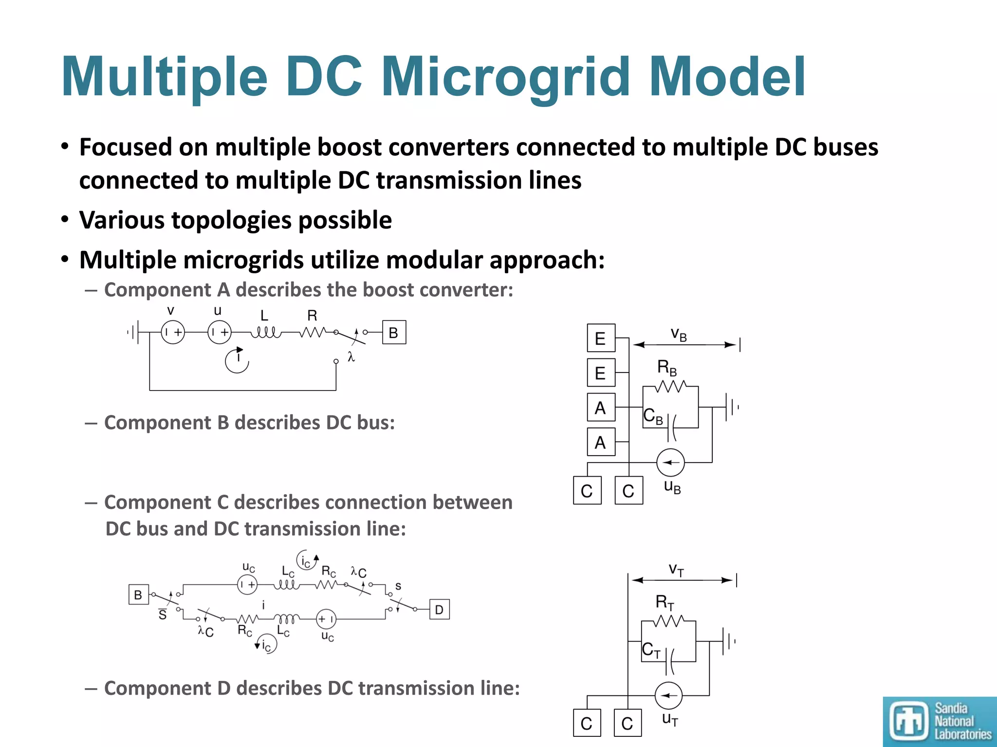 Multiple DC Microgrid Model
• Focused on multiple boost converters connected to multiple DC buses
connected to multiple DC transmission lines
• Various topologies possible
• Multiple microgrids utilize modular approach:
– Component A describes the boost converter:
– Component B describes DC bus:
– Component C describes connection between
DC bus and DC transmission line:
– Component D describes DC transmission line:
 